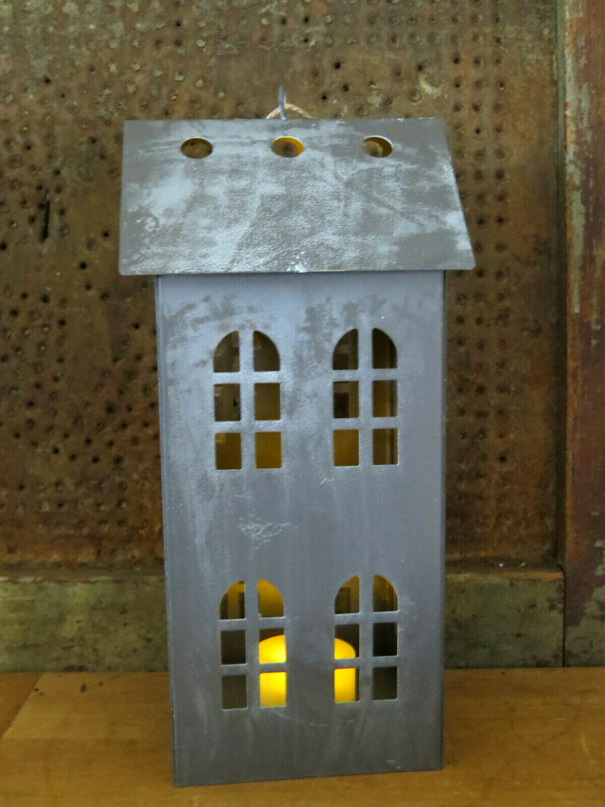 Colonial Salt Box House Candle Lantern Punched Tin Punch Primitive w Candle 8″