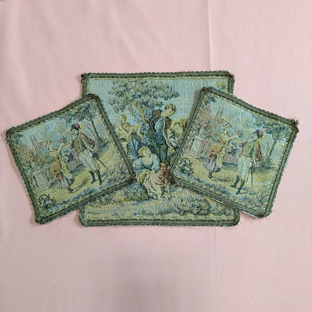 Antique France Baroque Tapestry Squares 9.25″ & 6.25″ Gold Threaded Boarders 3pc