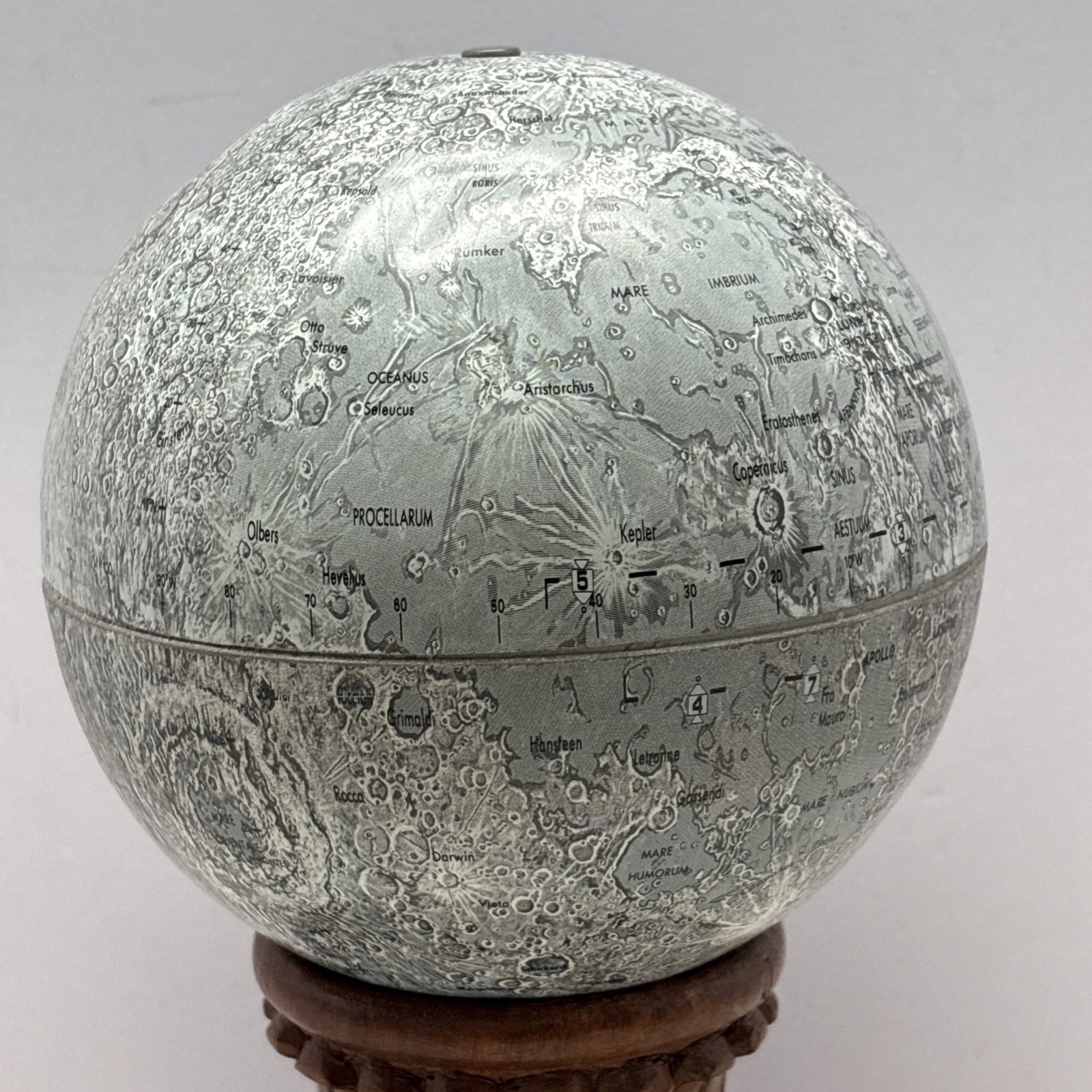 Vtg Replogle Moon Globe Tin Metal Map USA Made 1960s 1970s Lunar With Base. D-77