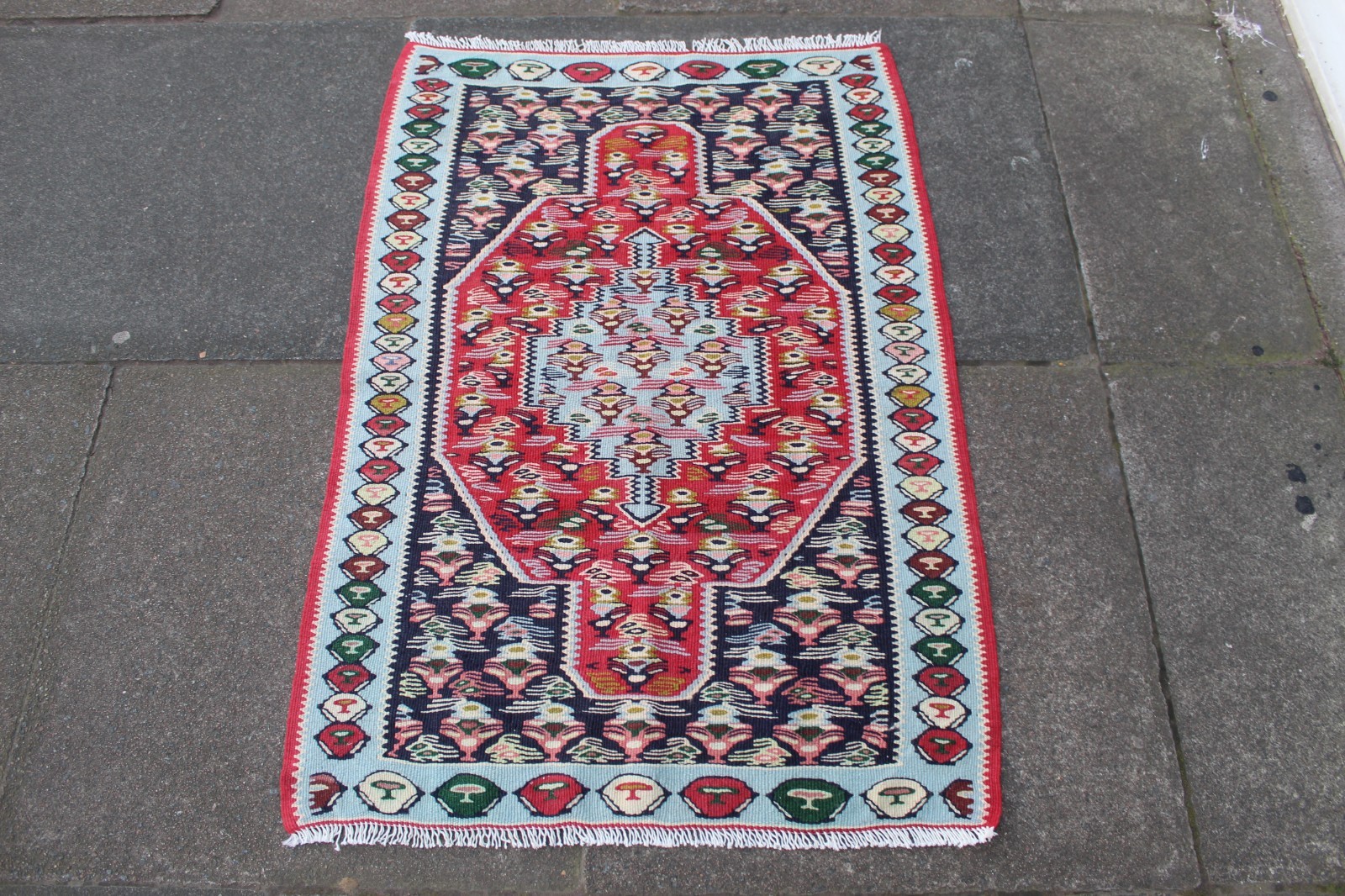 Fine Vintage Traditional Hand Made Oriental Wool Blue Red Small Kilim 105x72cm