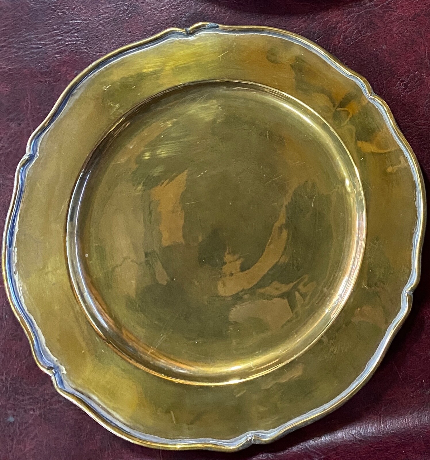 MCM Unique Serving Tray Platter Scalloped Silver Plate + Brass # & Signed