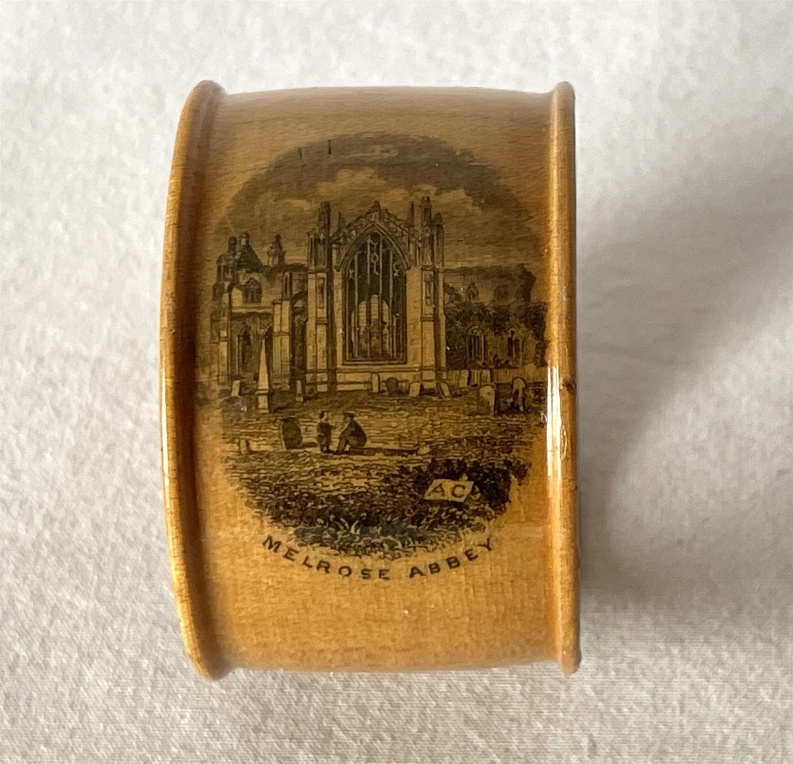 Antique Mauchline Ware Wooden Treen Napkin Ring MELROSE ABBEY Souvenir #548