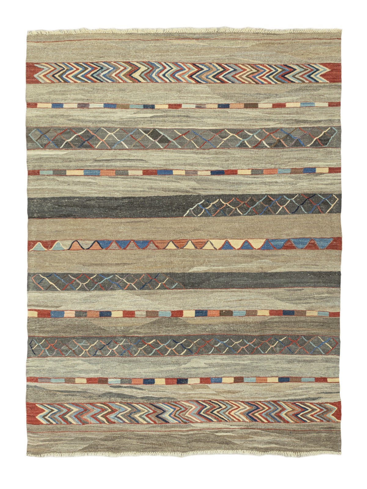 Modern Vintage Turkish Kilim Rug – Handwoven Wool Tribal Stripes – 5’8”x7’8”