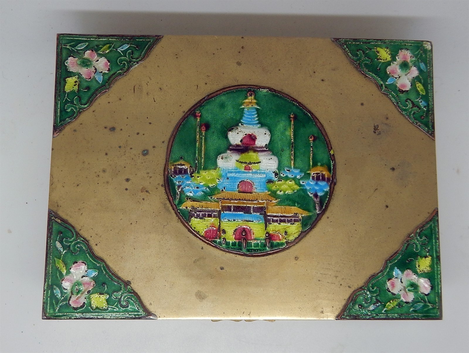 Antique / Vintage Chinese Repousse Enamel Brass Cigarette Box
