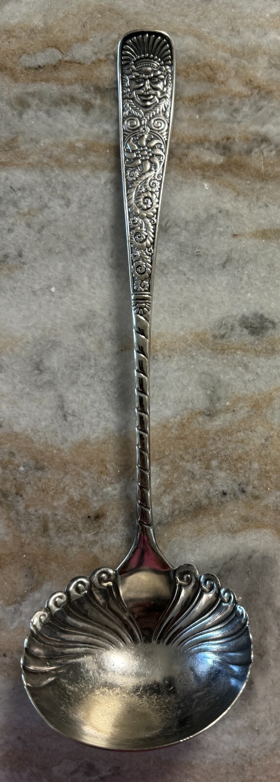 Solid Soup Ladle Assyrian Head Silverplate, 1886 by International Silver 11 1/8″