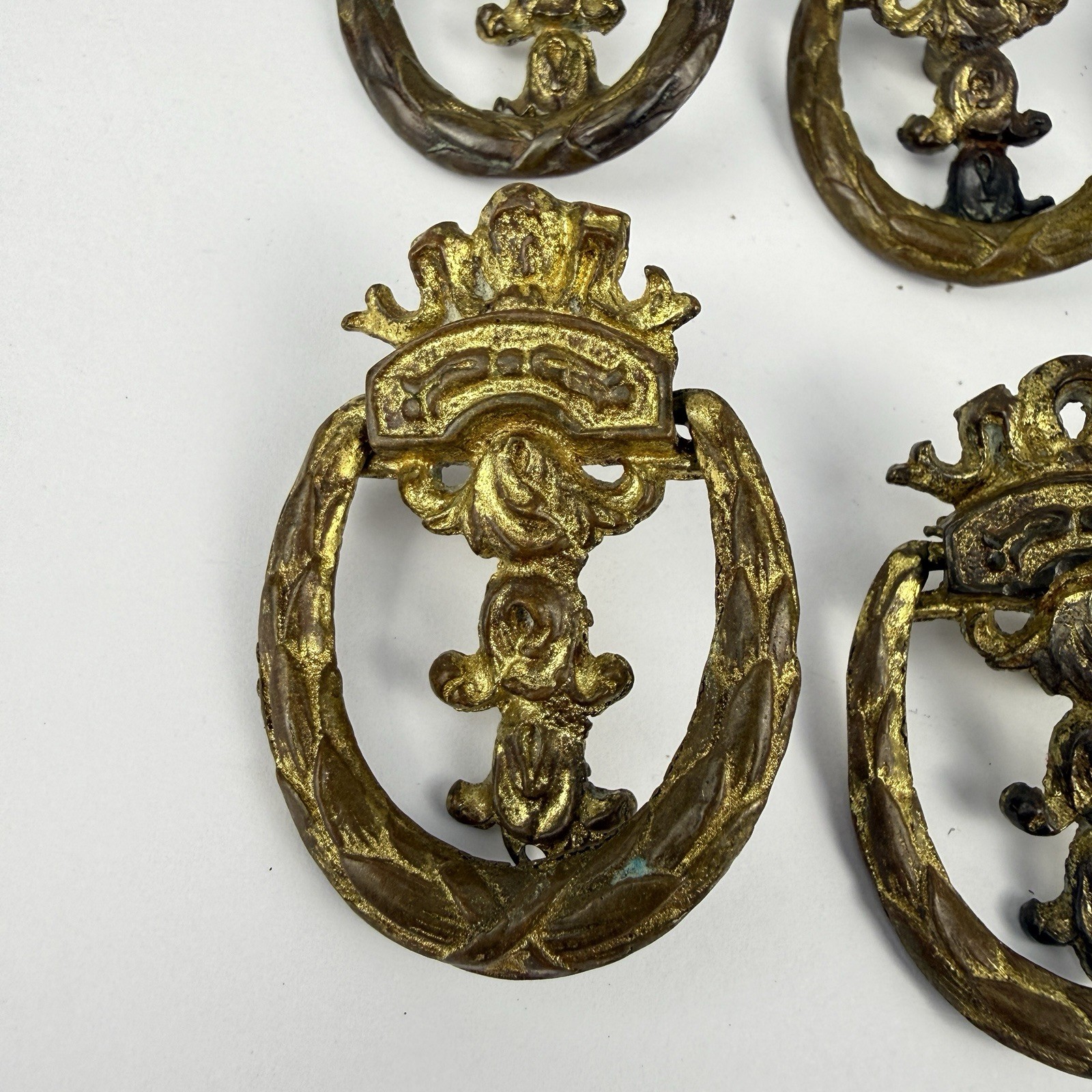 Vintage Solid Brass lot of 10 Single Bore Drop Ring Drawer Pulls Laurel Wreath