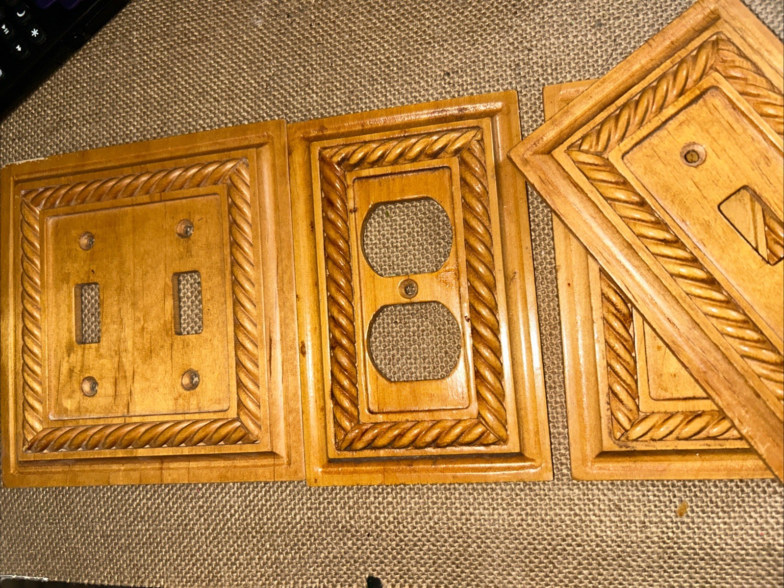 Vintage Set Of 4 American Tac Light Switch Plate Cover Wood Spiral Braid