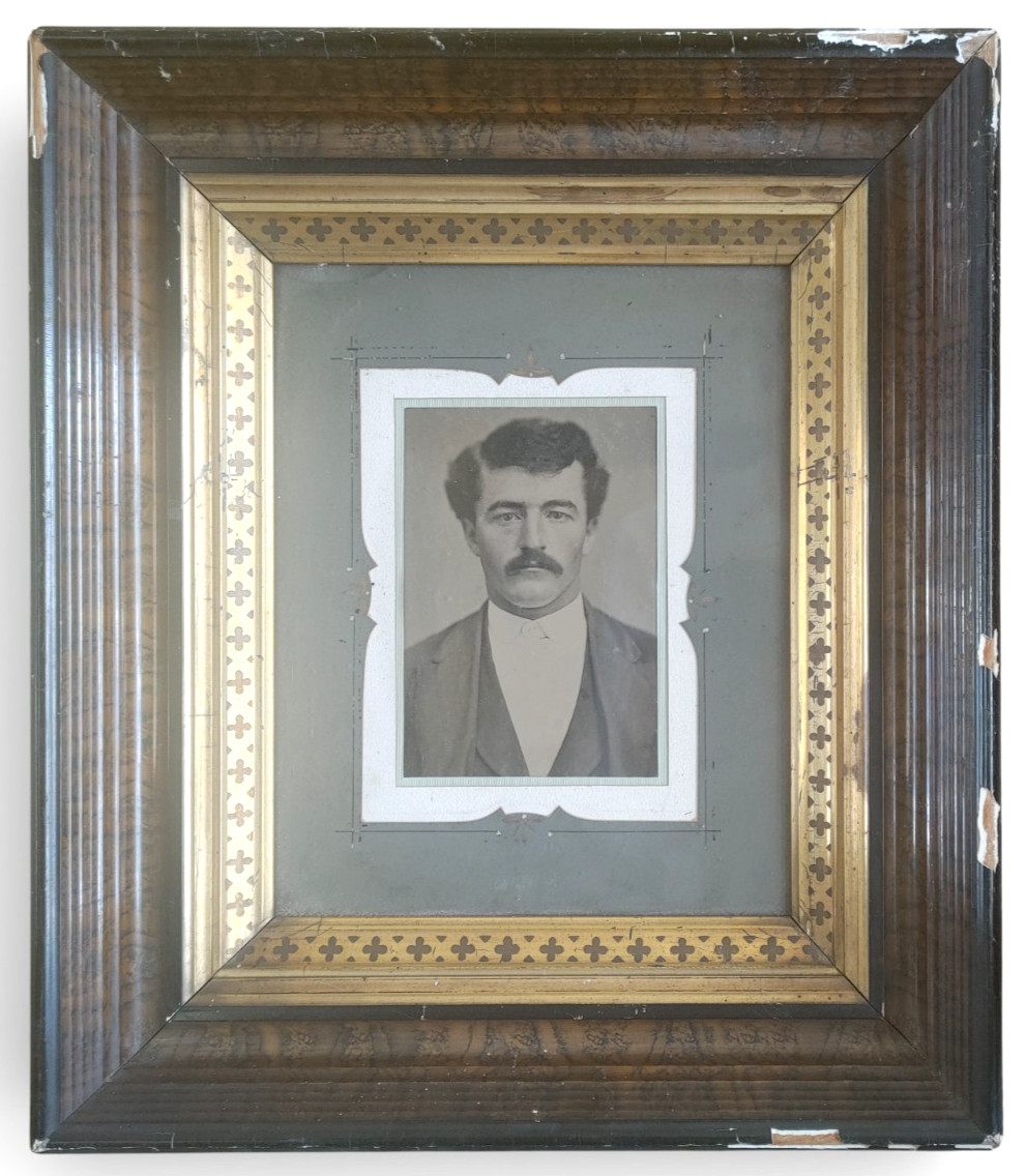 Antique Vintage 1800s Haunted Framed PHOTOGRAPH ~ B&W Sepia Tone Man w/ Mustache