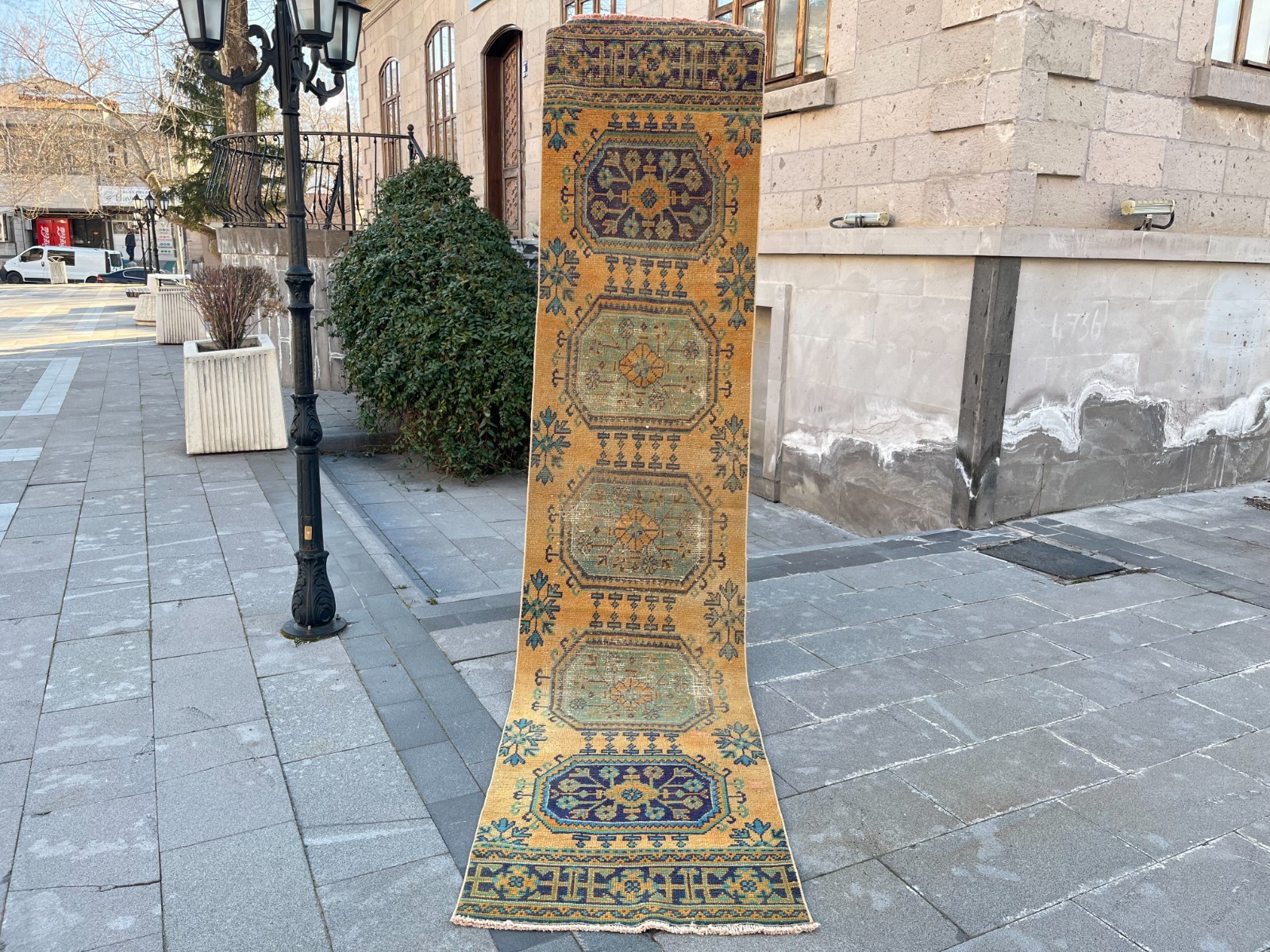 Vintage Turkish Oushak Runner Rug 2.5×11.2 ft Mustard Yellow Wool