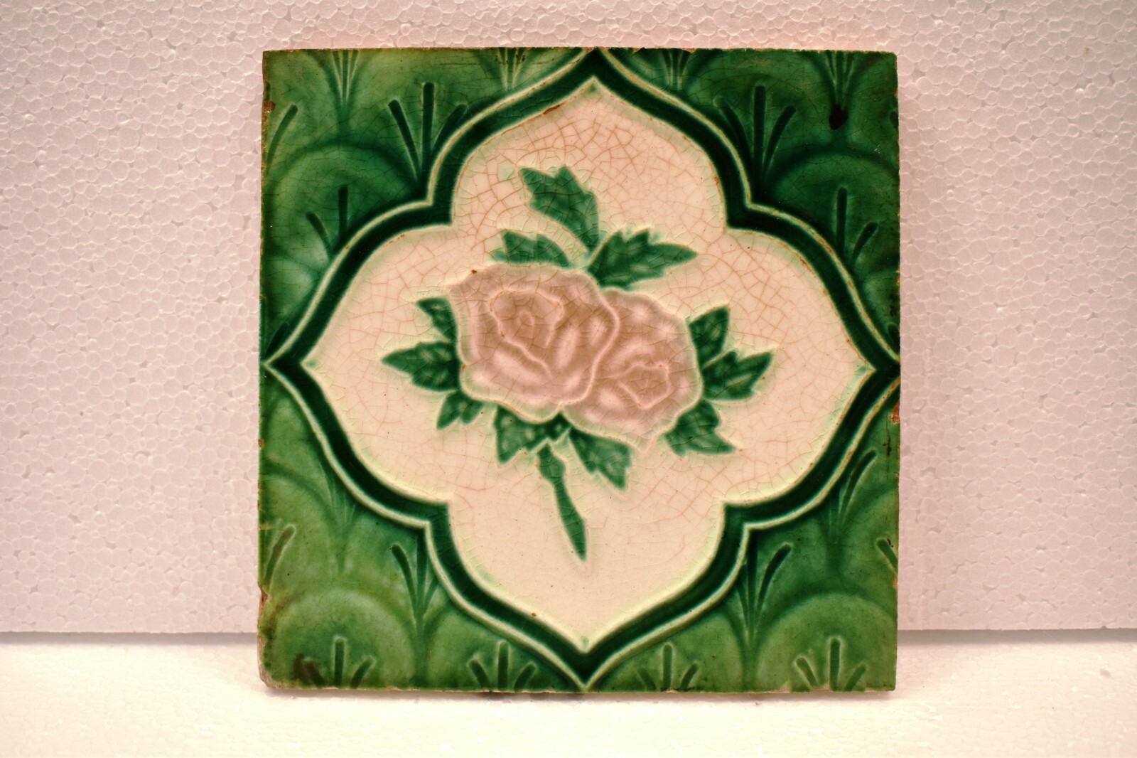Antique Tile Majolica Art Nouveau Porcelain Floral Rose Design Wankaner Old “J63