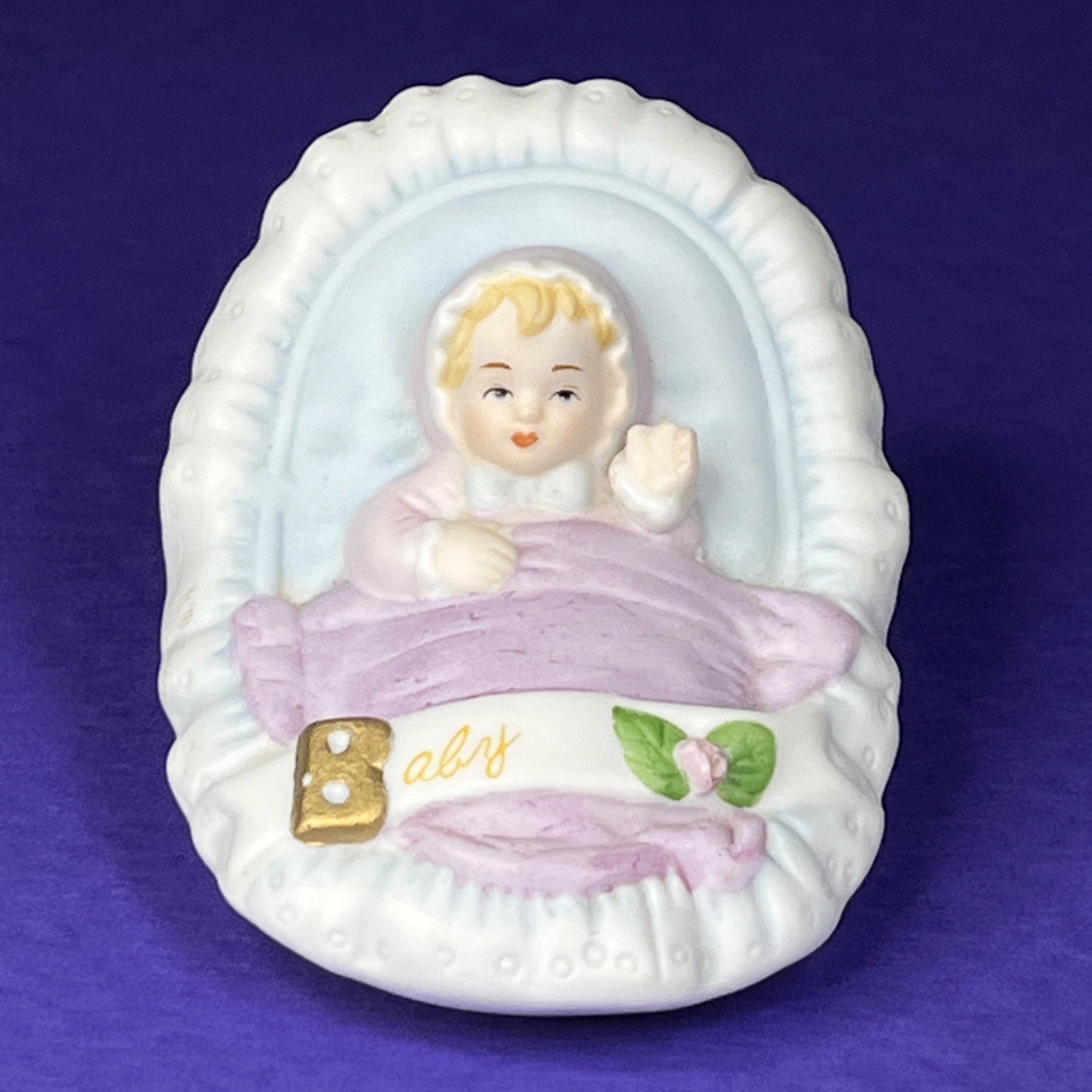 Newborn Gift Baby in Bassinet Figurine Blonde 2.1 Inch Tall 1983 Enesco