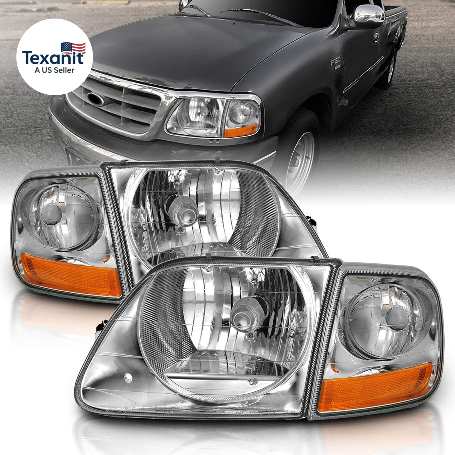 for 1997-2003 Ford F150 Harley Lightning Crystal Chrome Replacement Halogen Head