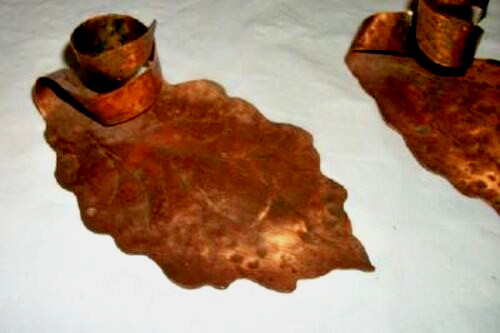 Primitive Handmade Copper Candle Holders Hammered Leaf Americana Antique