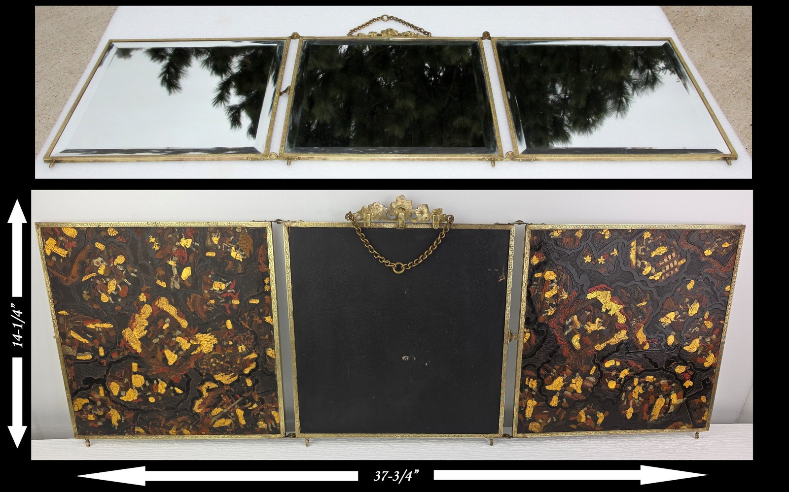 Antique 1888 Brass Beveled Glass Leather Tri-Fold Vanity Mirror Chinese Culture