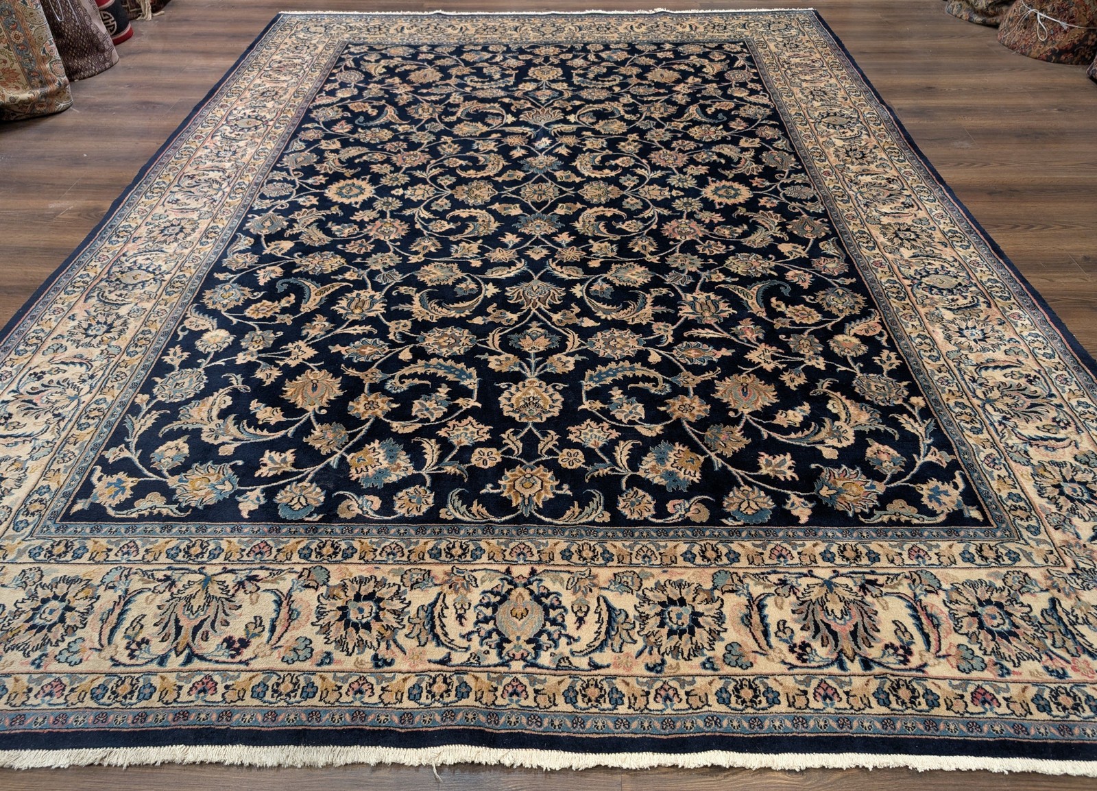 Navy Blue Per’sian Ka’shan Rug 8×11, Floral Allover, Fine 270 KPSI