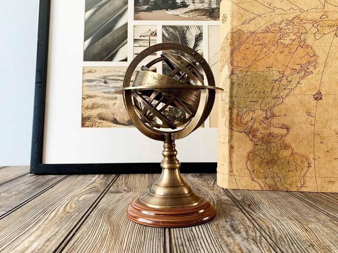 Vintage Zodiac Armillary Brass Sphere Globe Astrology Tabletop Office Desk Décor