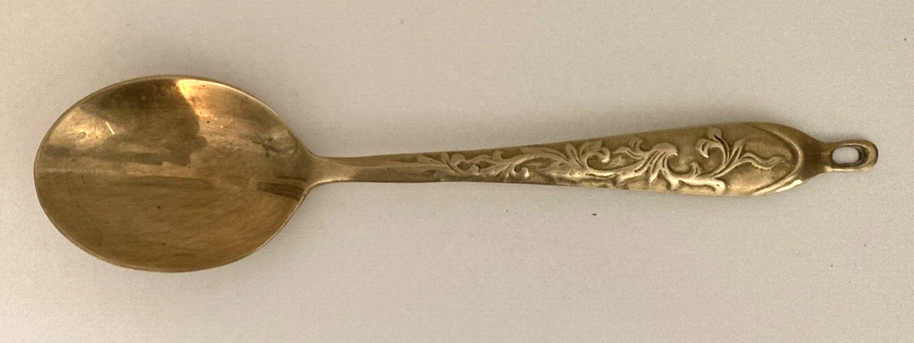 VTG Gold Tone Heavy Wt. Serving Spoon Floral Pattern Handle Hole For Hanging