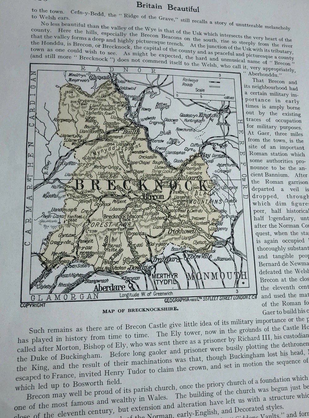 1923: Map Brecknockshire County Original Vintage Antique River Scene Brecon A