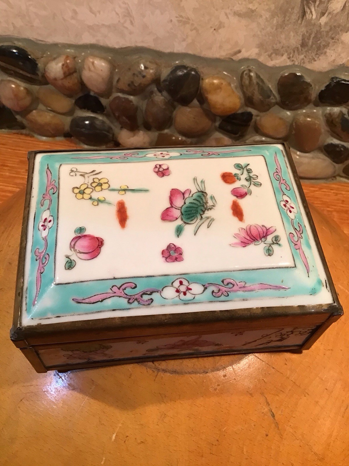 Antique Chinese Rose /Flower Porcelain & Brass Hinged Box