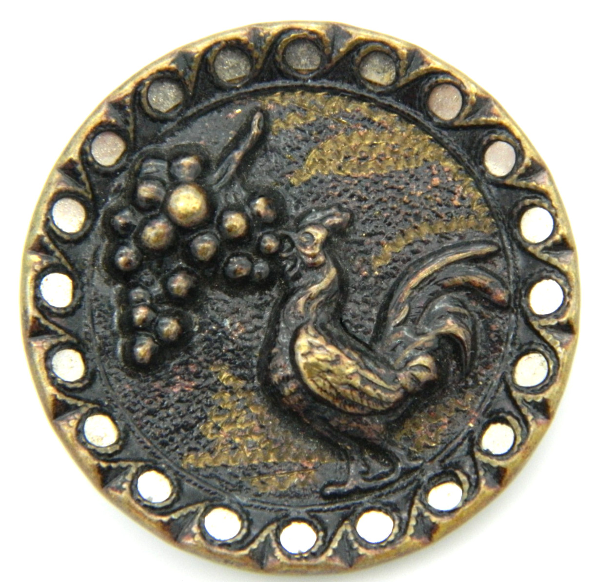 Antique Vintage Picture Button Rooster Eating Grape Pierced Twinkle Border 1.25″