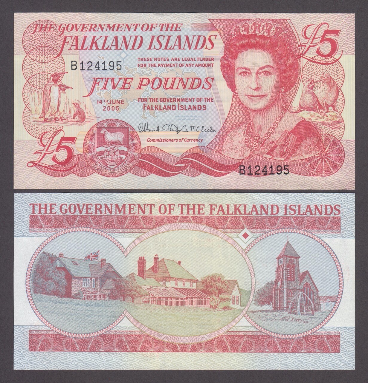 Falkland Islands P.17 5 POUNDS 2005 PENGUINS AND SEA LIONS QE II UNC 2404