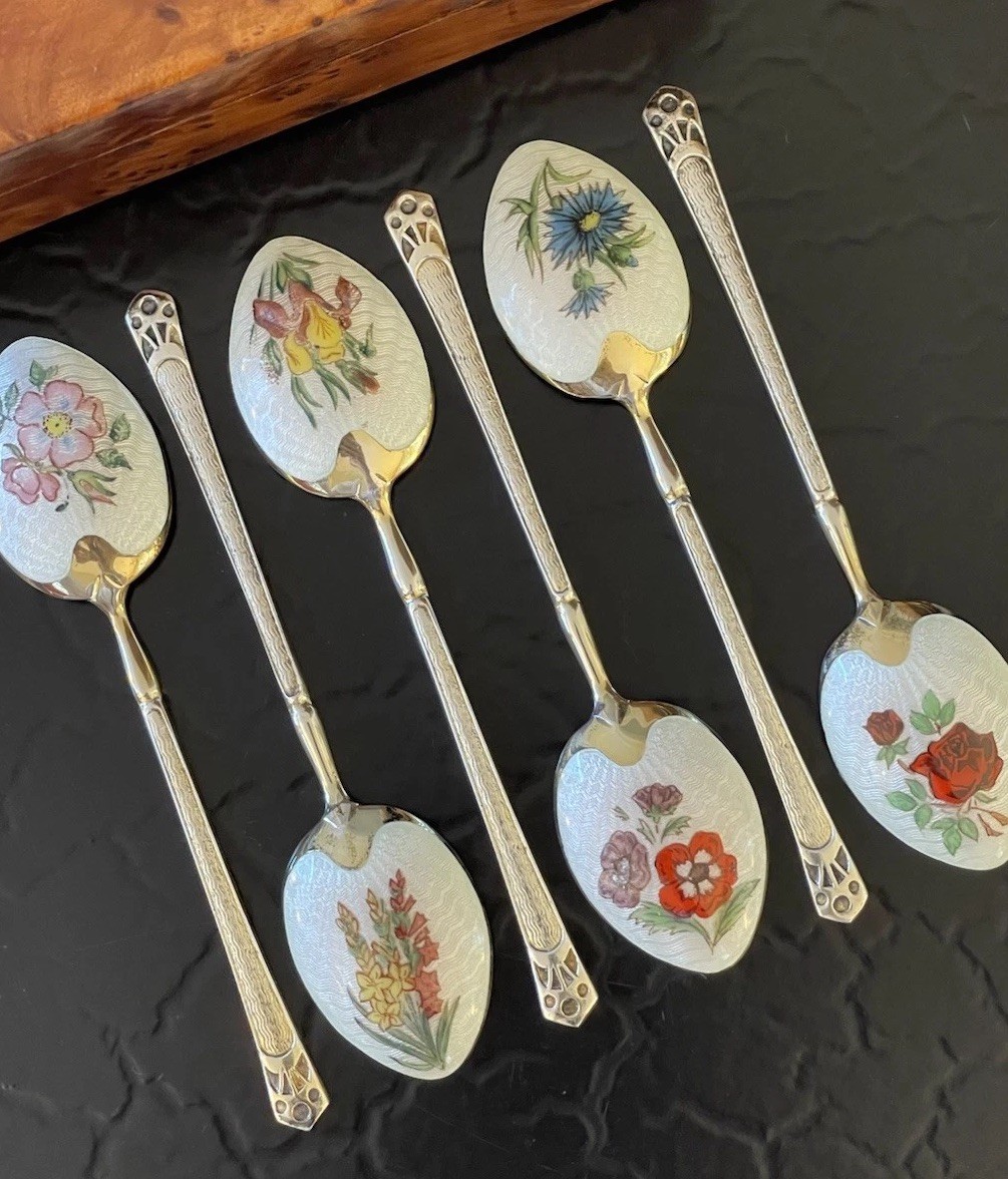 Set 6 English Sterling Silver Botanical Enamel Guilloche Coffee Spoon 3.2” c1923