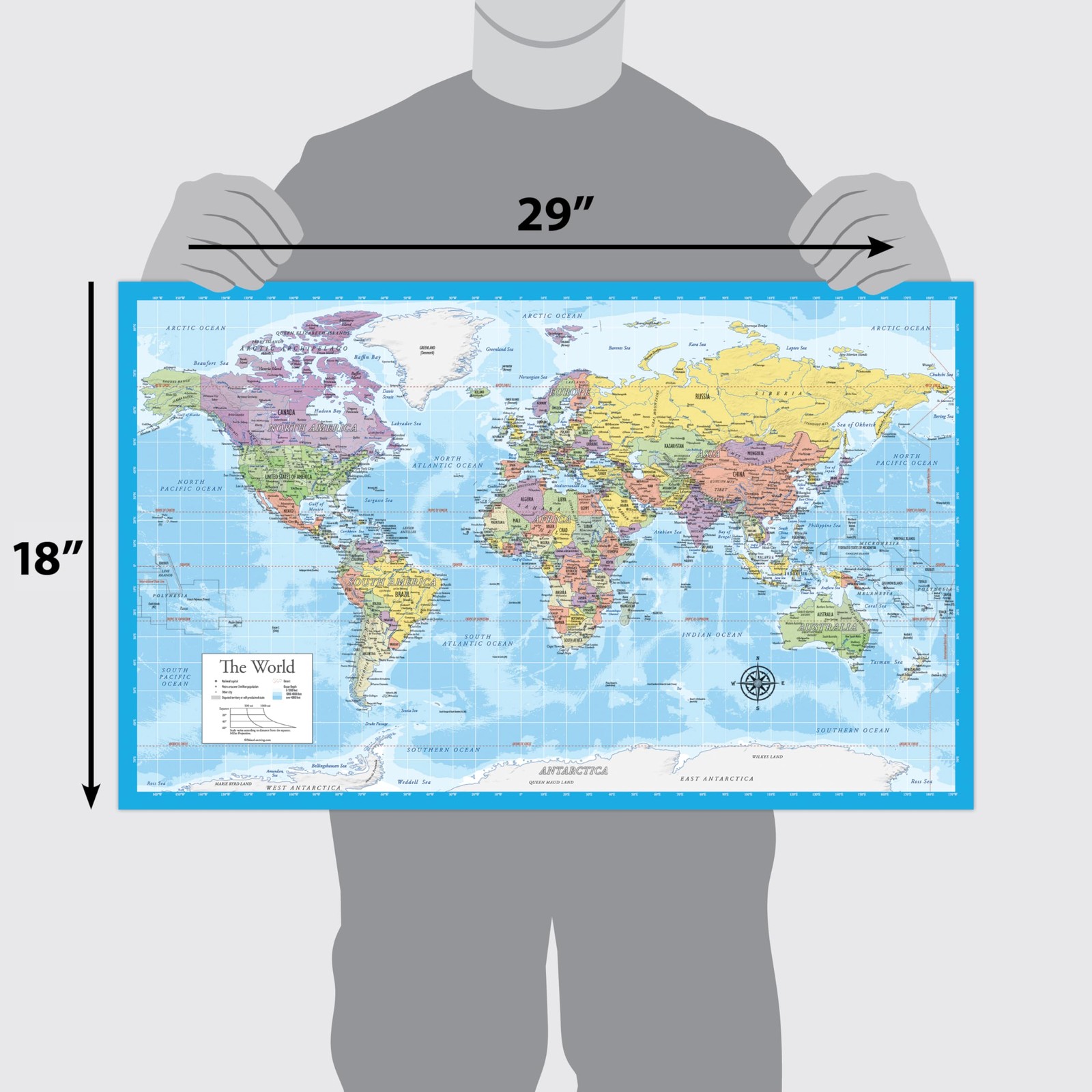 Laminated World Map Poster – Wall Chart of Earth – 18″ x 29″, Light Blue