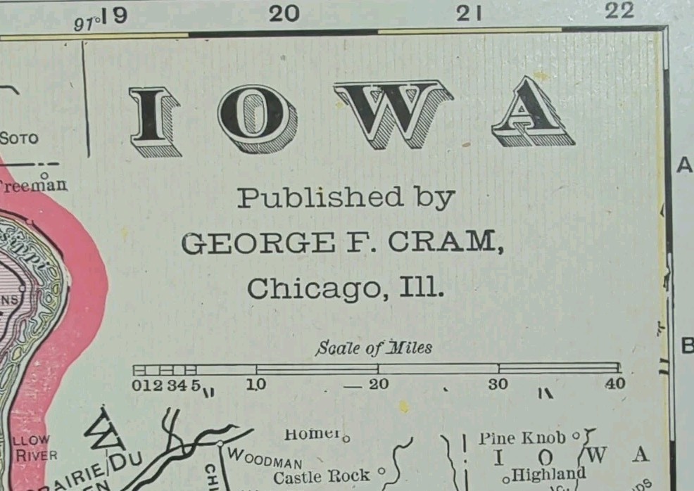 Vintage 1903 IOWA Map 22″x14″ ~ Old Antique Original OSKALOOSA OTTUMWA IOWA CITY
