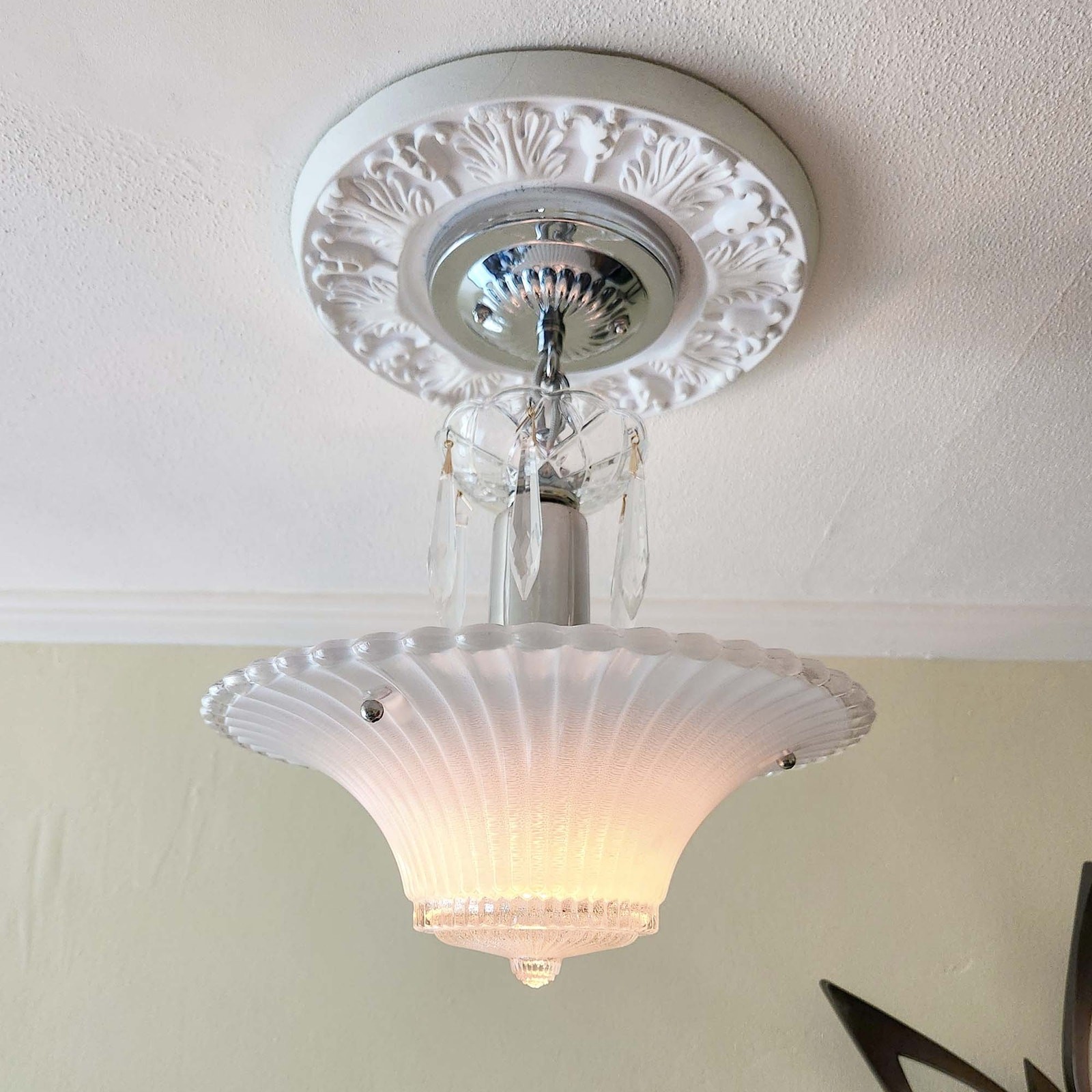 Antique Art Deco Petite Chandelier 1930s 1940s Glass Three Chain Ceiling Light