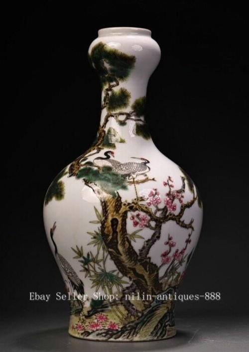 9” Yongzheng Marked Famille Rose Porcelain Pine Crane Mandarin duck Bottle Vase