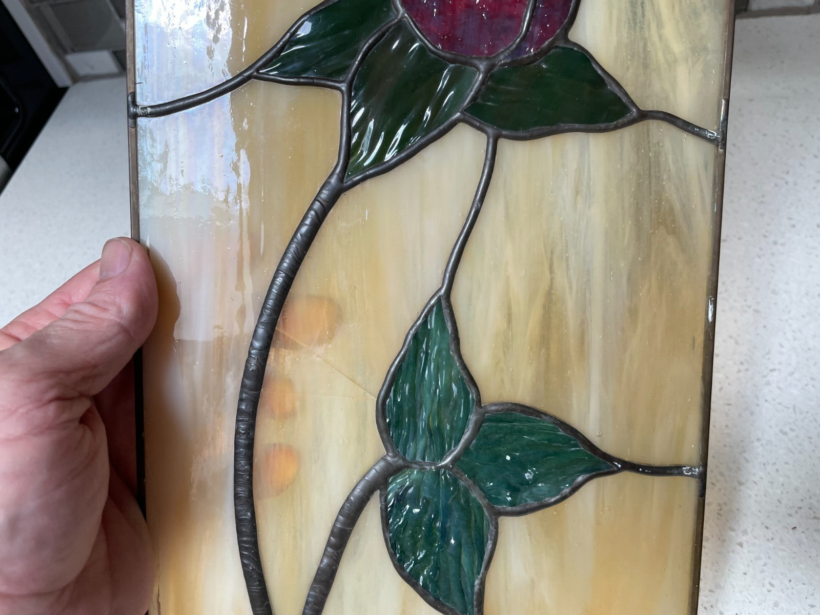 7.5″ x 14.75″ Rosebud Stem Leaded Stain Glass Panel – crack on one pane