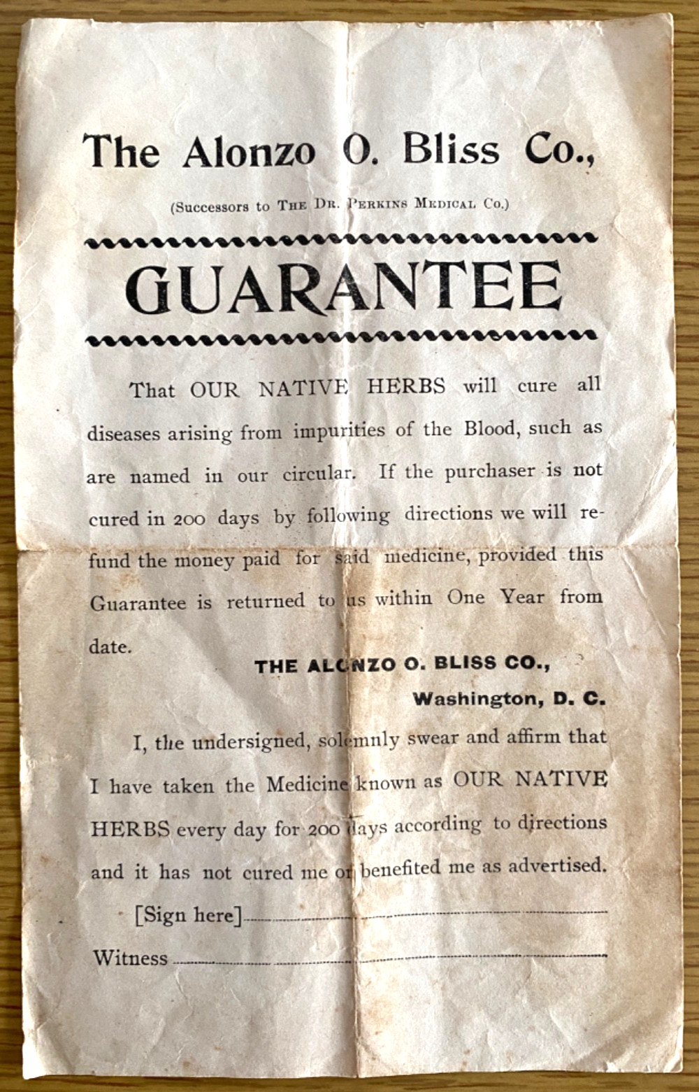 1896 QUACK MEDICINE: ALONZO O. BLISS NATIVE HERBS antique witness guarantee form