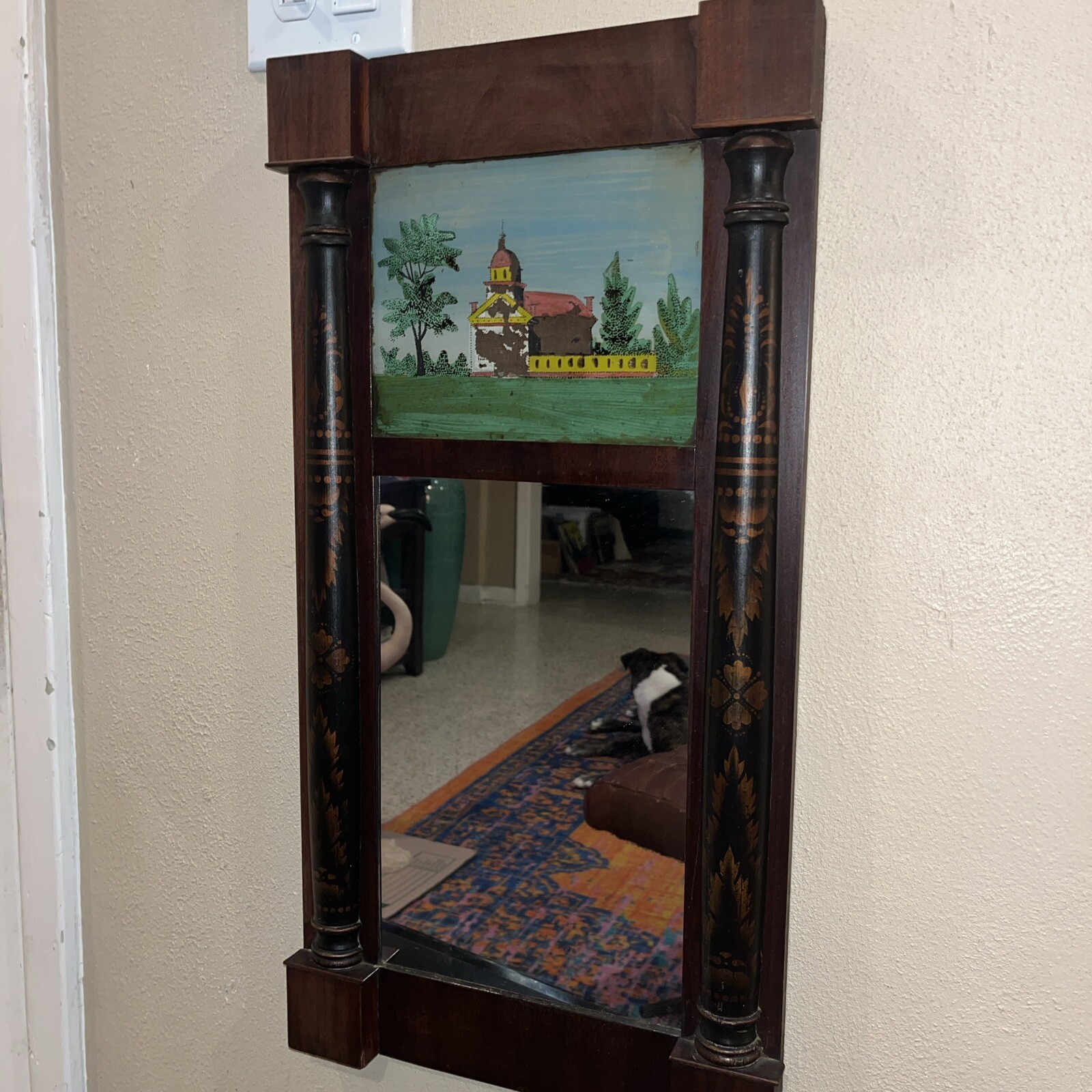 Antique Mid 19th Century Federal Mirror Reverse Painted Glass Panel Church