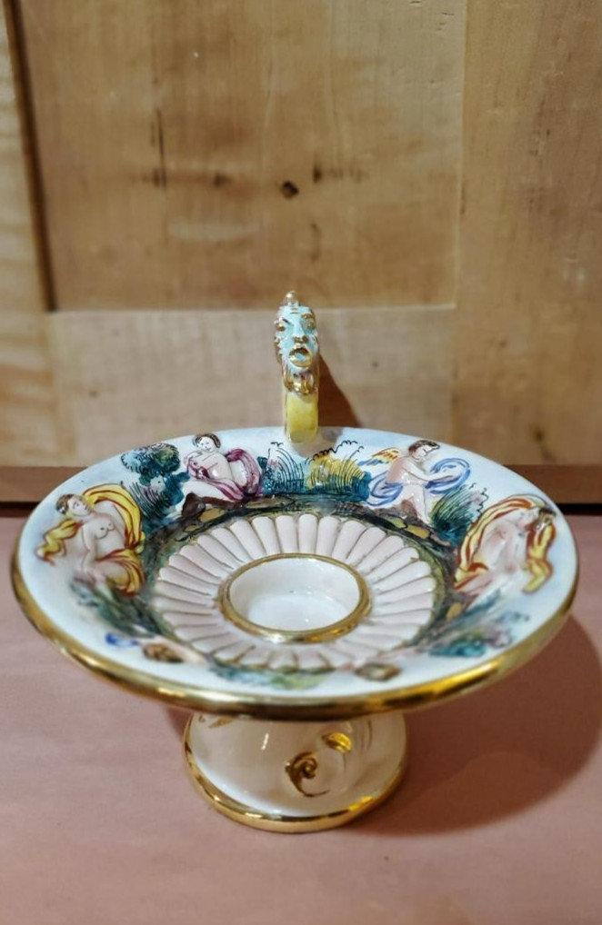 Capodimonte Candle Holder Ceramic Handled/Pedastal Cherubs Vtg Signed ITALY