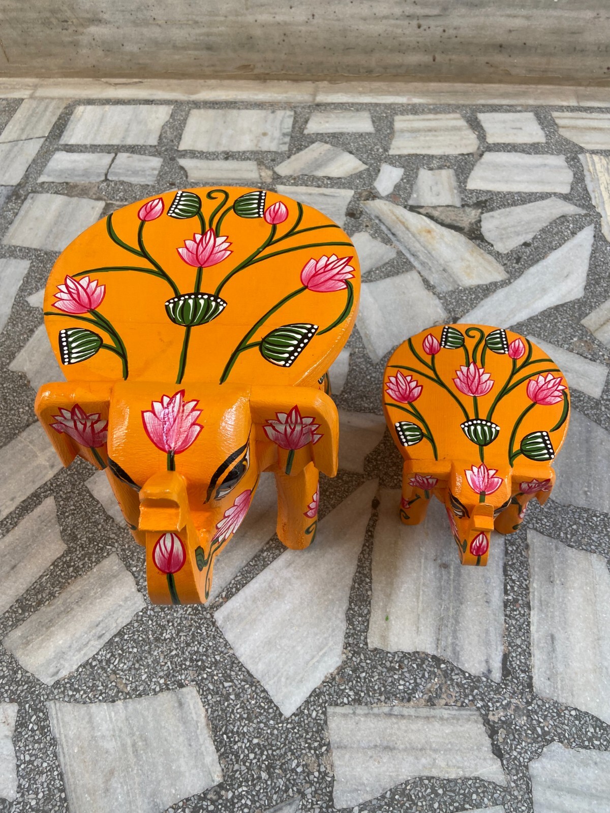 Decorative Painted Wooden Floral Chowki Art Hand Carved Elephant Stool Home Gift