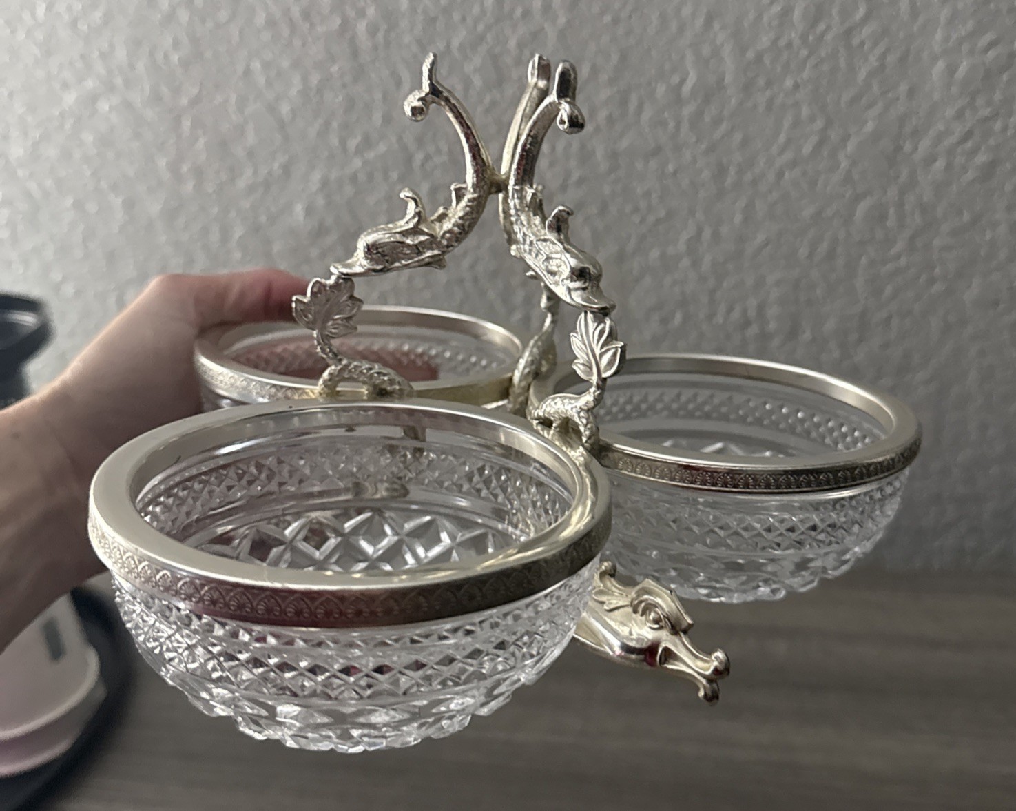 VTG Triple Condiment Server Diamond Cut Glass Bowls Silverplate Leaping Dolphins