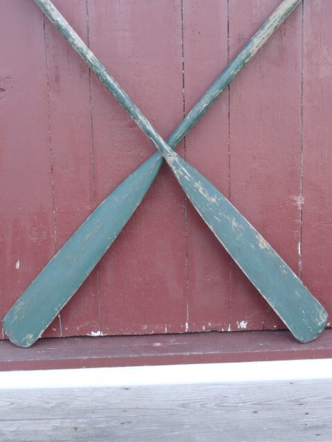 Antique Boat Oars 7 1/2′ Long Wonderful Old Green Paint Decorative Copper Tips
