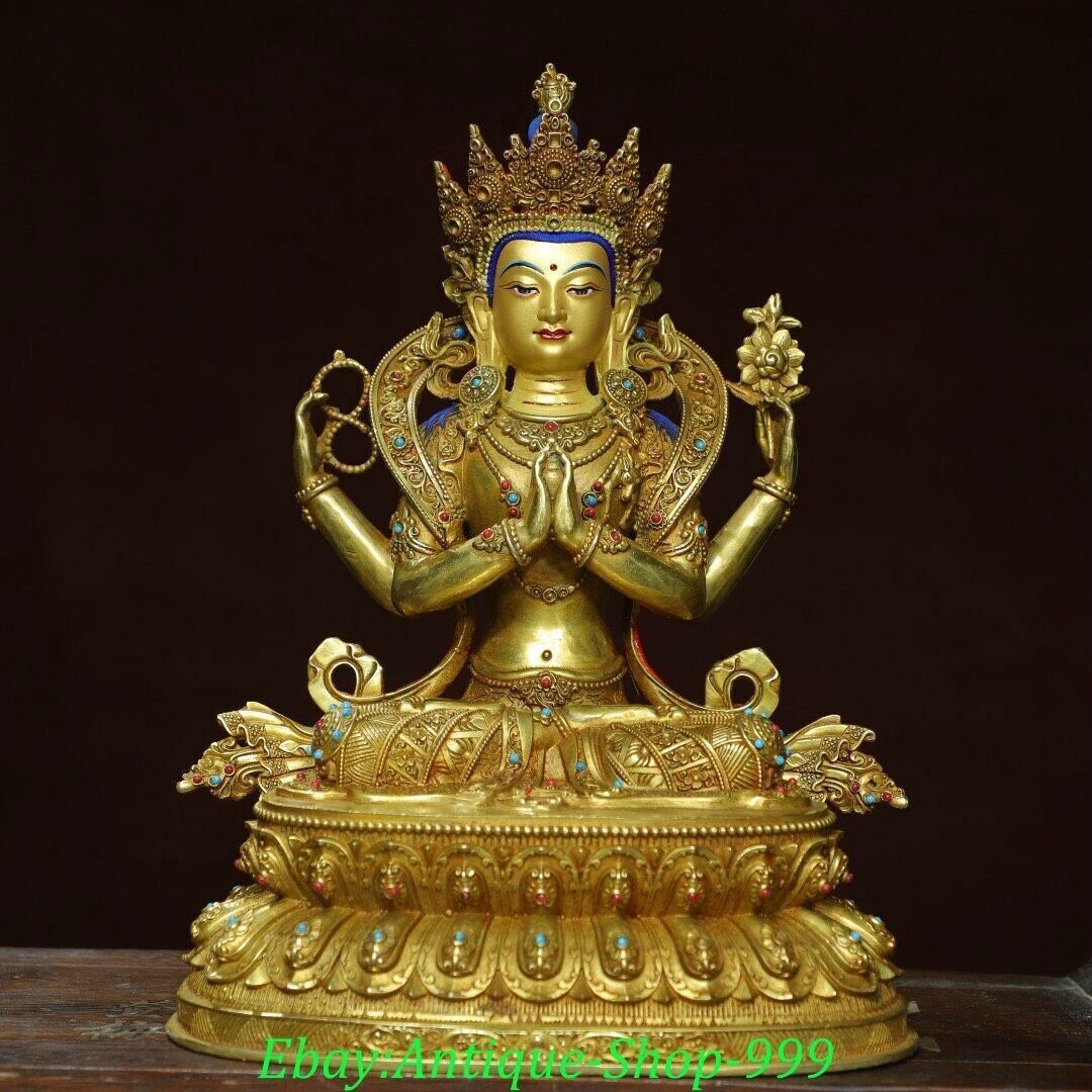 Old Tibet Nepal Copper Gilt Painting Gems 4 Arms Chenrezig Goddess Buddha Statue