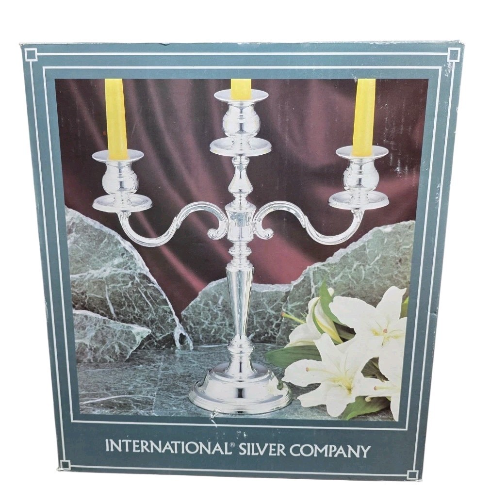 Vtg 1991 International Silver Company Silverplate 3 Arm Candelabra NIB