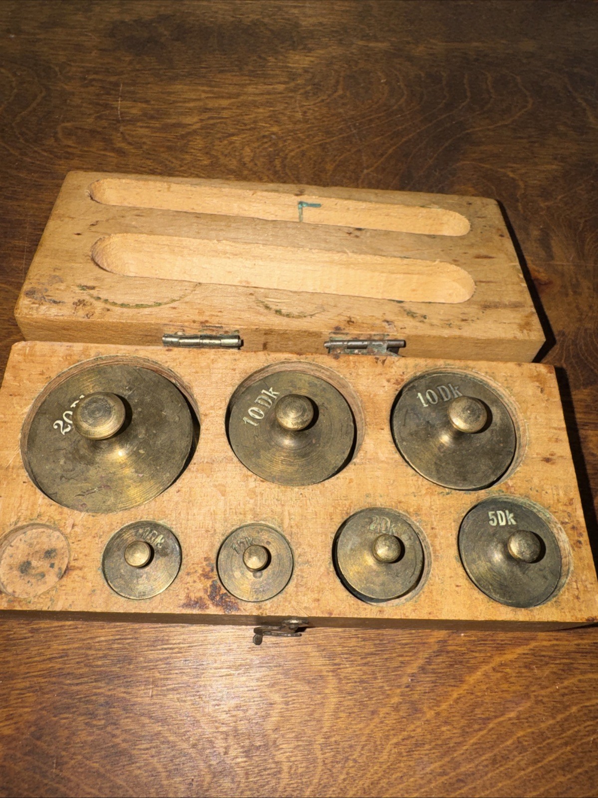 Antique Brass Scale Weights in Wooden Box