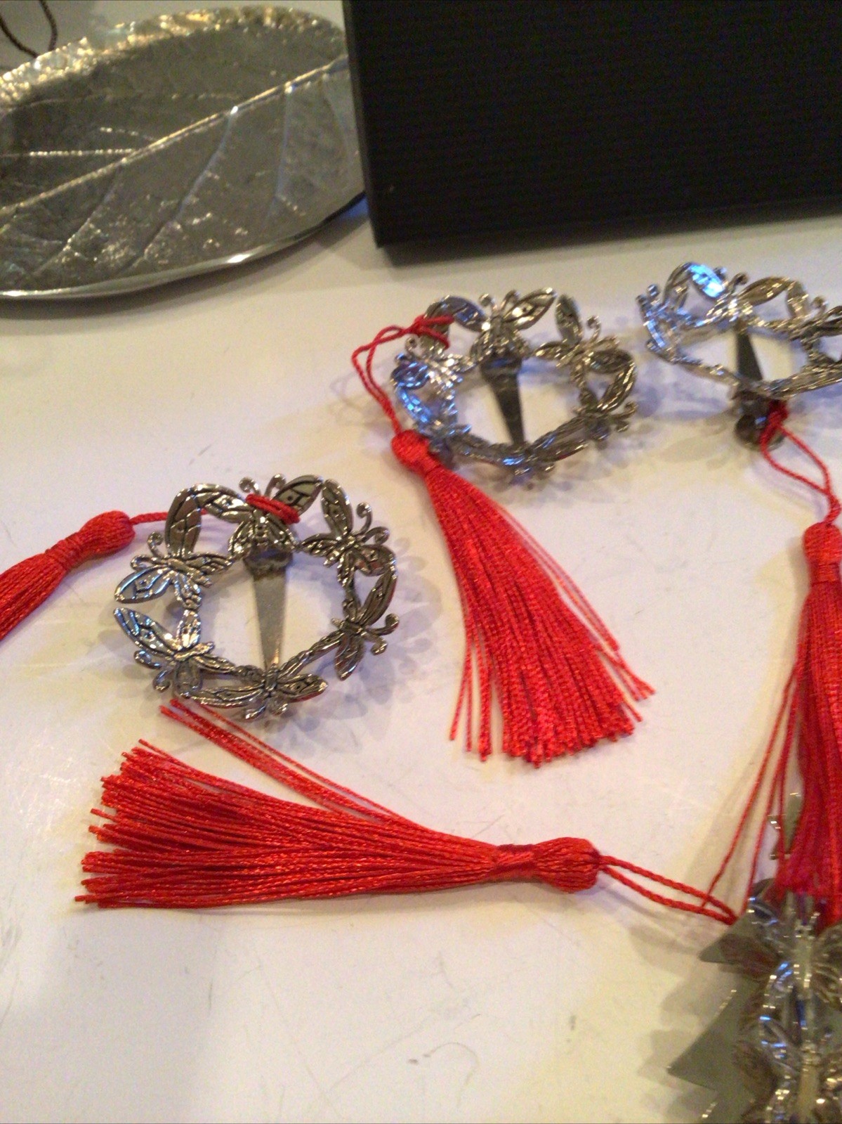 8 EMILIA CASTILLO CHRISTMAS TREE & WREATHS ORNAMENTS W/ TASSELS CLIP ON BROOCH