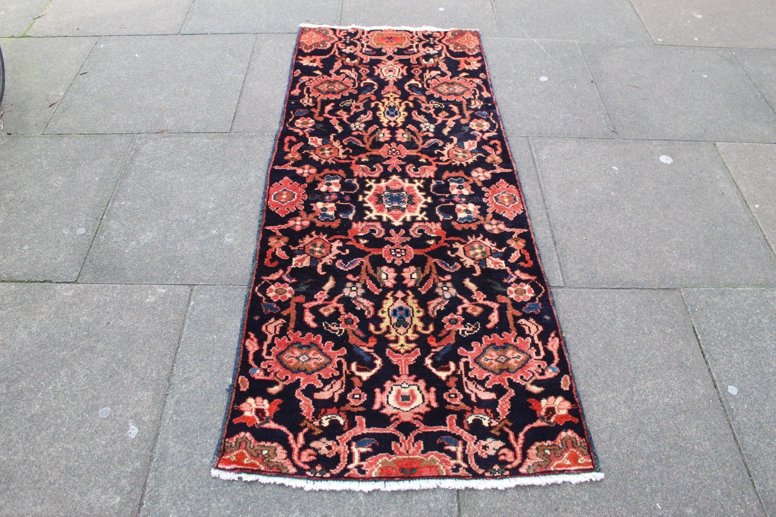 Vintage Hand Made Traditional Oriental Wool Red Black Short Runner 170x72cm