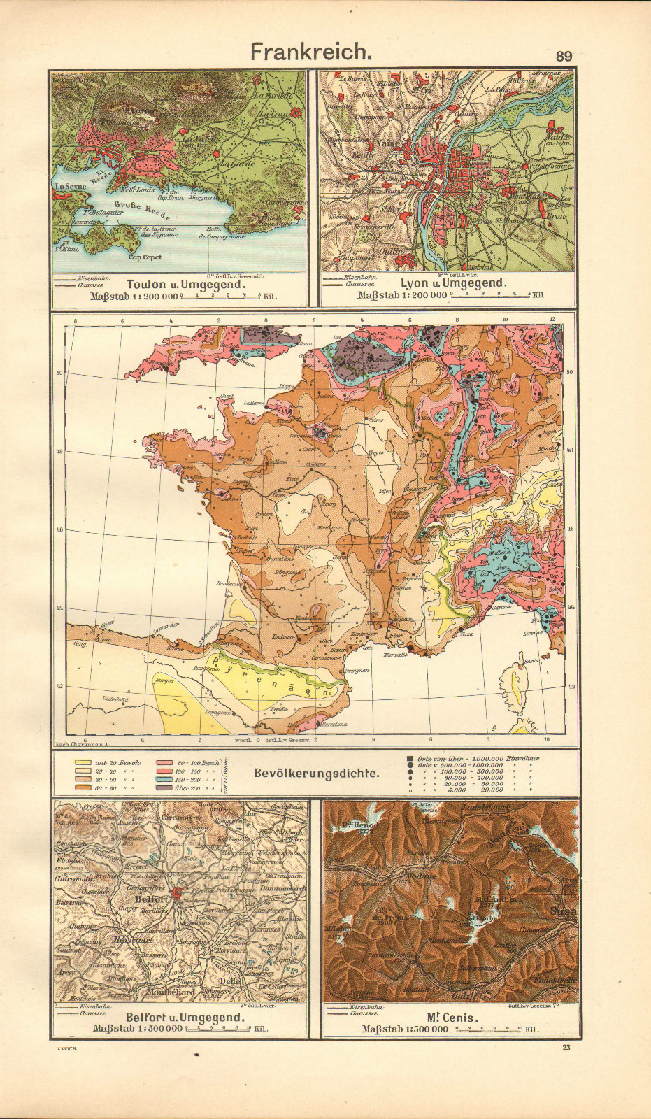 1908 MAP ~ FRANCE ~ POPULATION DENSITY ~ ENVIRONS TOULON LYON BELFORT Mt CENIS