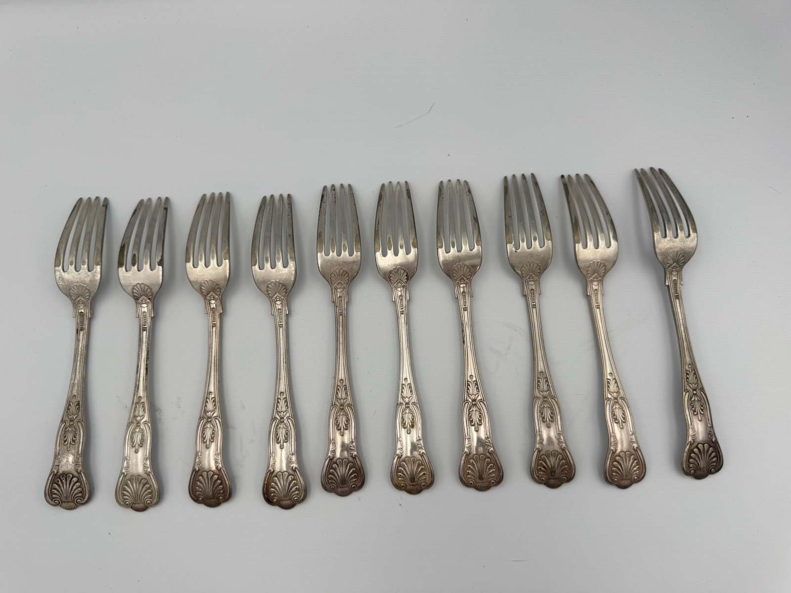 10 pc set Gorham Kings II Pattern Silverplate Flatware salad forks 7″ Used Worn