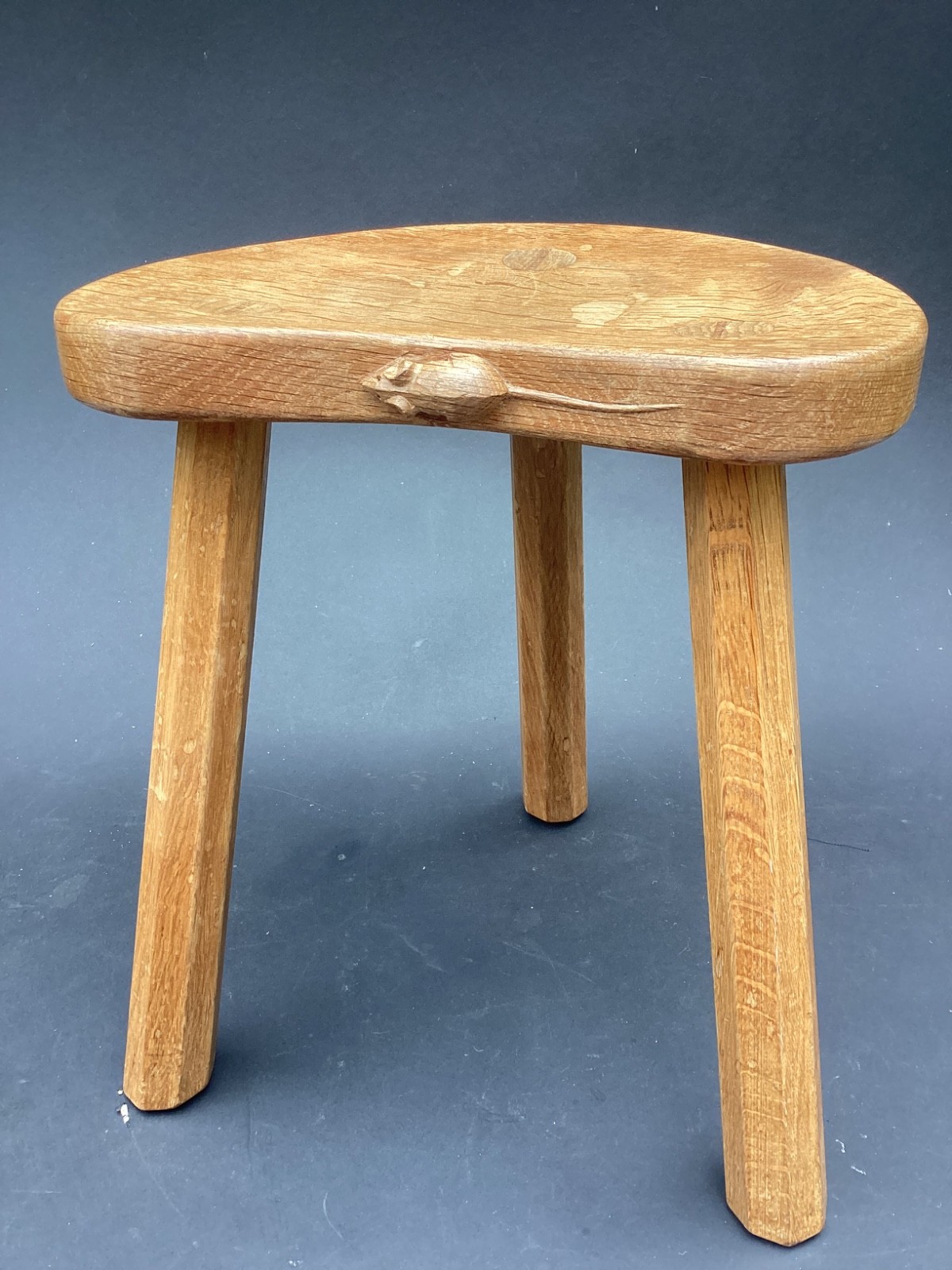 VINTAGE ROBERT MOUSEMAN THOMPSON OAK KIDNEY SHAPED DISHED COW STOOL /SIDE TABLE