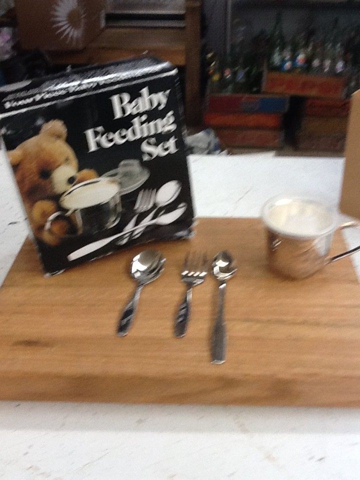 Vintage Leonard Silver Mfg Four piece Plated Baby feeding set Never used 1981