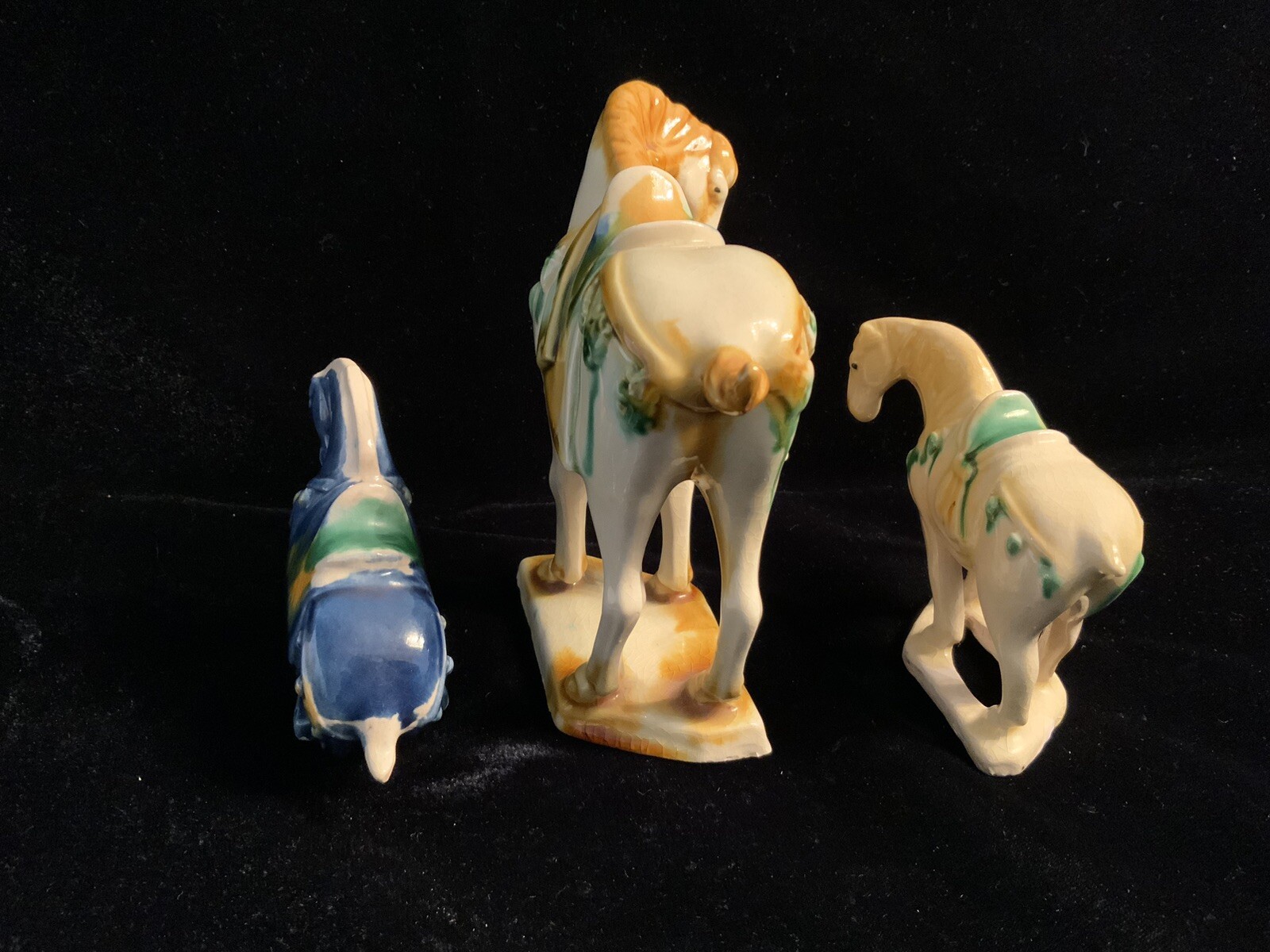 Chinese Tang Dynasty Drip Style Glaze Ceramic Horse Figurines Set of 3 Vintage