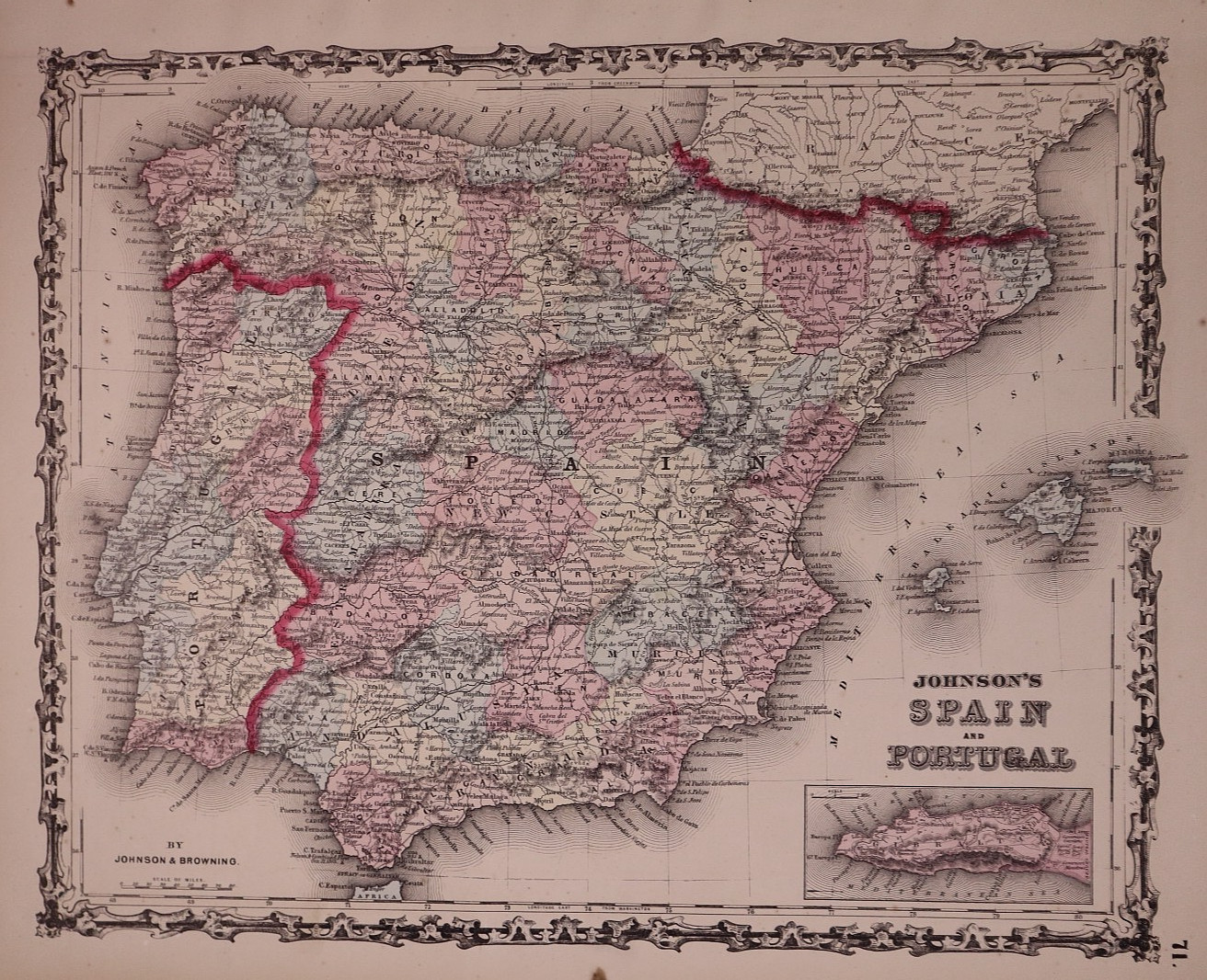 Antique 1862 Map of Spain, Portugal & Gibraltar by Johnson & Browning 14×17