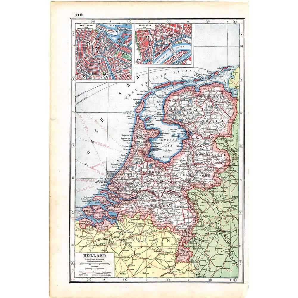 Antique Map 1920 – Holland and Town plans of Amsterdam and Rotterdam
