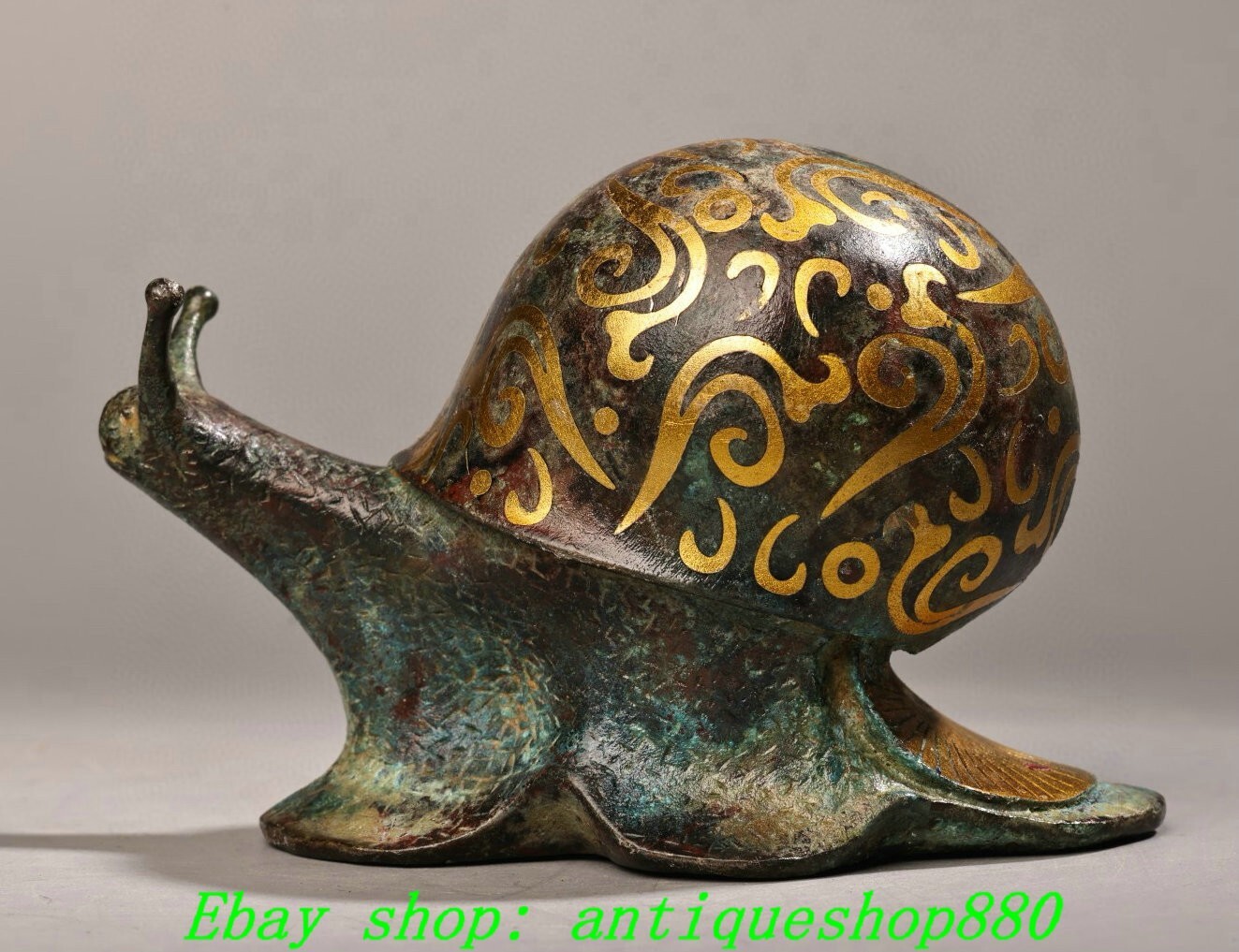 4.3″Old Chinese Dynasty Bronze Ware Gilt Inscription Snail Statue Sculpture